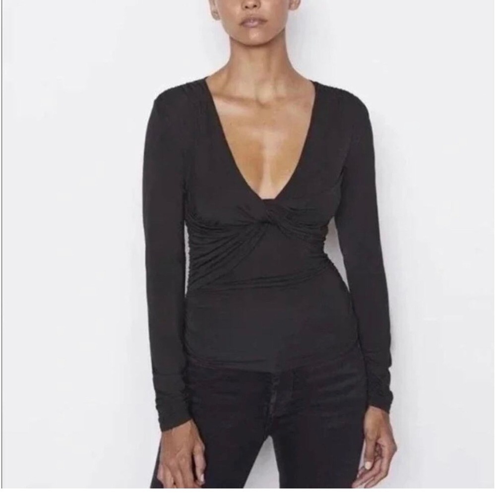 FRAME Layered Wrap Long Sleeve Twist FrontTop XS Quiet Luxury Clean Girl Cozy